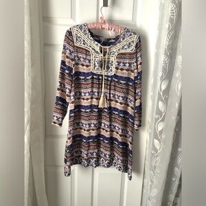 New Vizio Aztec Ties front Shabby Chic Boho Patterned Tunic Dress mini sz Small